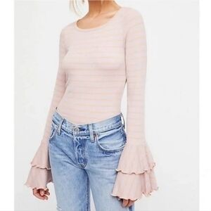 Free People 'Good Find' Bell Sleeve Ruffle Size Med Top Fitted Knit Pink Striped